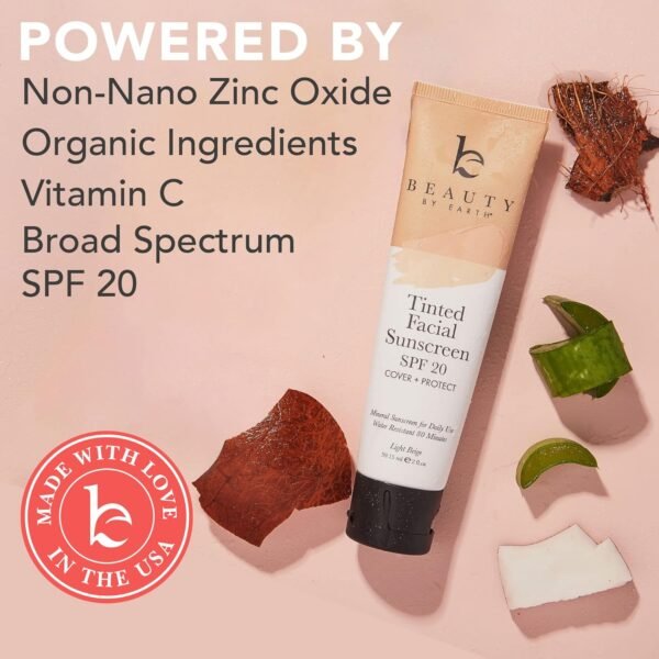Tinted Sunscreen for Face - SPF 20 With Natural & Organic Ingredients Broad Spectrum Sunblock Lotion, Tinted Moisturizer Zinc Oxide Sunscreen Face for Skincare, Facial Sunscreen (Light Beige) - Image 6
