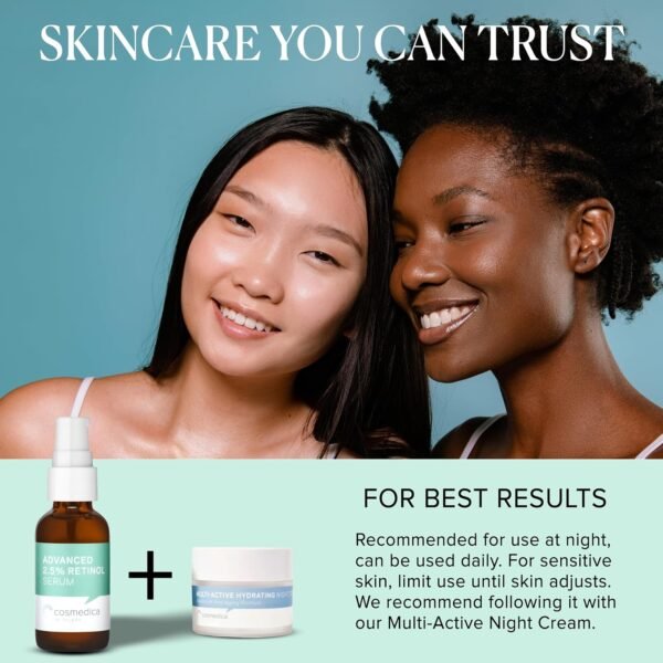 Cosmedica Skincare's Advanced 2.5% Retinol Serum w/Green Tea, Hyaluronic Acid & Vit E - Anti-Aging, Skin Revitalizing, Hydrating Serum for Fine Lines, Wrinkles, Discoloration, and Acne Scars, 1oz - Image 8