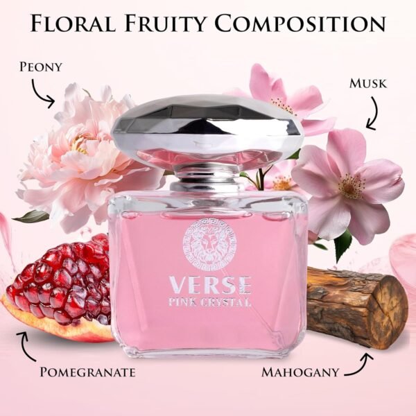 Verse Pink Crystal Eau De Parfum for Woman - Top Notes of Pomegranate, Yuzu & Iced Accord - Base Notes of Peony, Lotus, Magnolia, Amber, Musk & Mahogany - Floral & Fruity Scent - Elegant 100ml Bottle - Image 3