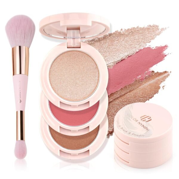 Color Nymph 3 Colors Contour Blush Highlighter Makeup Palette | 3-IN-1 Multi-Colored Shimmer & Matte Long-Lasting Travel-Friendly Make up Kit, Includes Brush & Mirror | Stacked Makeup Design (Purple) - Image 2