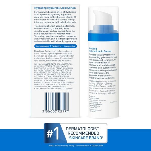 Cerave Hyaluronic Acid Serum for Face with Vitamin B5 and Ceramides, Hydrating Face Serum for Dry Skin, Fragrance Free, 1 Ounce - Image 8