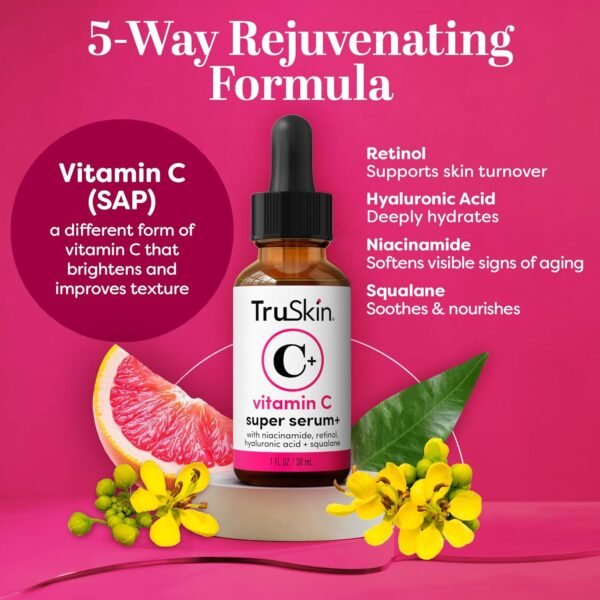 TruSkin Vitamin C Super Serum - Niacinamide, Retinol, Hyaluronic & Salicylic Acid - All-in-One Anti Aging Serum for Face – Improve Appearance of Dark Spots, Firmness for Brighter Looking Skin, 1 Fl Oz - Image 4