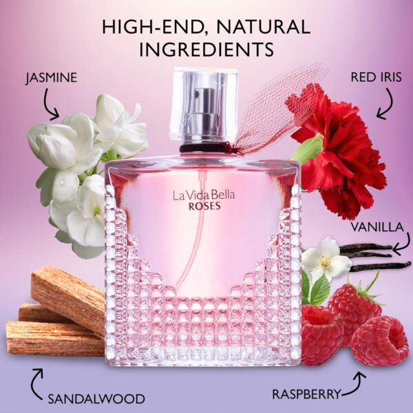 La Vida Bella Roses for Women Eau De Parfum - Floral Amber Fragrance that Combines Top Notes of Raspberry, Pink Pepper & Bergamot - Sugary Rush & Citrusy - Spicy & Rich Aromatic Scent 100ml Bottle - Image 3