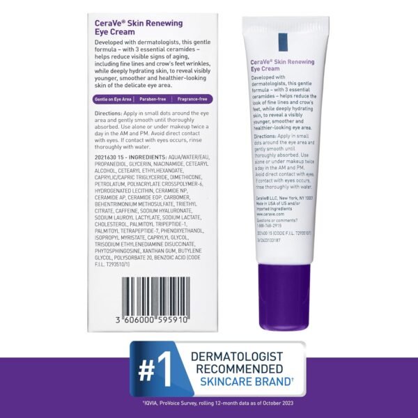 CeraVe Skin Renewing Eye Cream For Wrinkles, Under Eye Cream With Peptides + Caffeine + Niacinamide, For Wrinkles & Crows Feet, Paraben Free & Opthalmologist Tested - Image 7