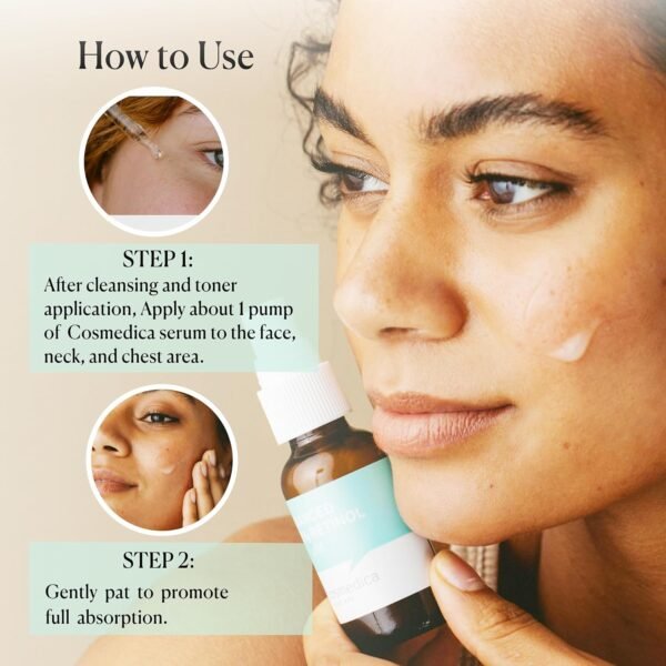 Cosmedica Skincare's Advanced 2.5% Retinol Serum w/Green Tea, Hyaluronic Acid & Vit E - Anti-Aging, Skin Revitalizing, Hydrating Serum for Fine Lines, Wrinkles, Discoloration, and Acne Scars, 1oz - Image 7