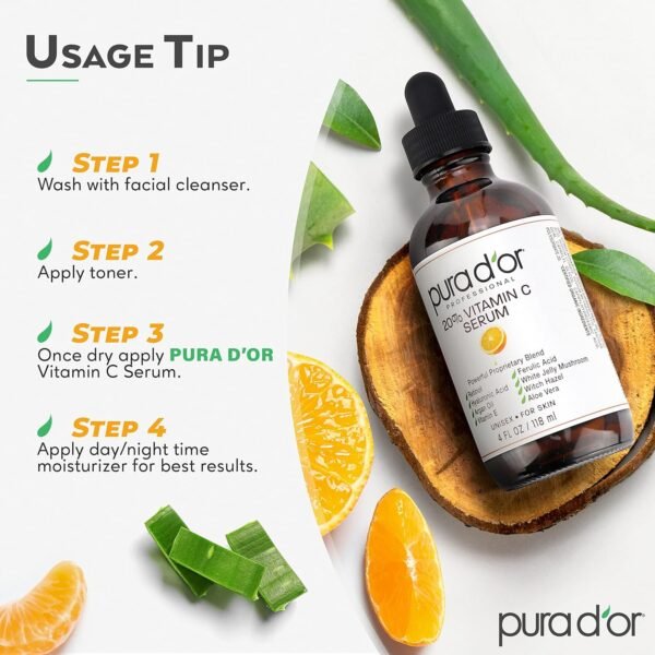 PURA D'OR 20% Vitamin C Serum 4 Oz - Lightweight Maximum Strength Formula - Retinol, Hyaluronic Acid, Ferulic Acid - Professional Grade Treatment For Face & Eyes, Wrinkles - Men & Women - Image 8