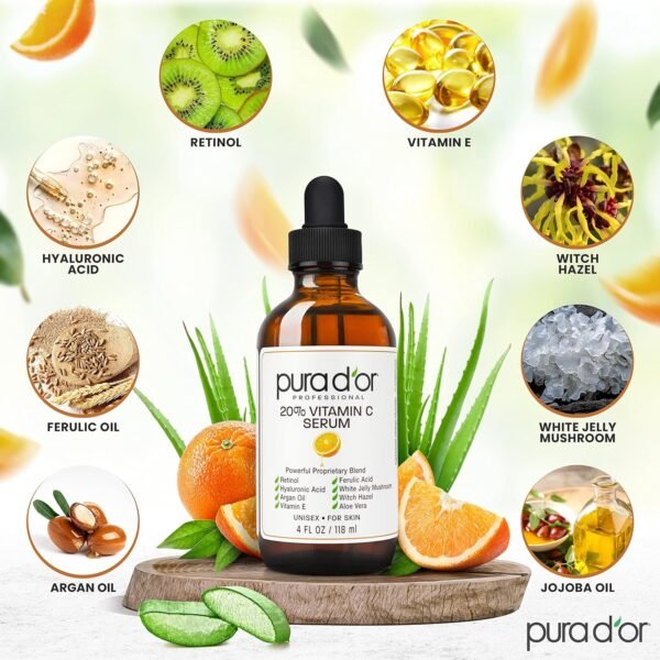 PURA D'OR 20% Vitamin C Serum 4 Oz - Lightweight Maximum Strength Formula - Retinol, Hyaluronic Acid, Ferulic Acid - Professional Grade Treatment For Face & Eyes, Wrinkles - Men & Women - Image 4