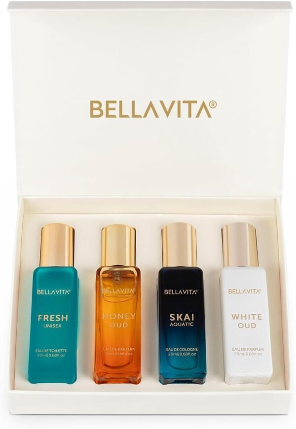 BellaVita Luxury Unisex Cologne Gift Set (4x20ml) | Fragrances Includes Honey OUD, SKAI, FRESH & White OUD | Travel Size Mini Perfumes & Spicy Vanilla Perfume Oil | Unisex Perfume for Women & Men - Image 2
