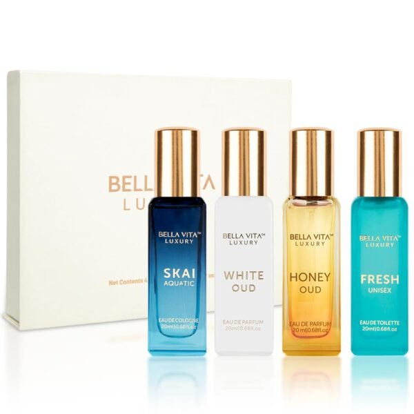 BellaVita Luxury Unisex Cologne Gift Set (4x20ml) | Fragrances Includes Honey OUD, SKAI, FRESH & White OUD | Travel Size Mini Perfumes & Spicy Vanilla Perfume Oil | Unisex Perfume for Women & Men - Image 9