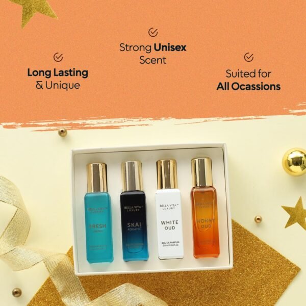 BellaVita Luxury Unisex Cologne Gift Set (4x20ml) | Fragrances Includes Honey OUD, SKAI, FRESH & White OUD | Travel Size Mini Perfumes & Spicy Vanilla Perfume Oil | Unisex Perfume for Women & Men - Image 6