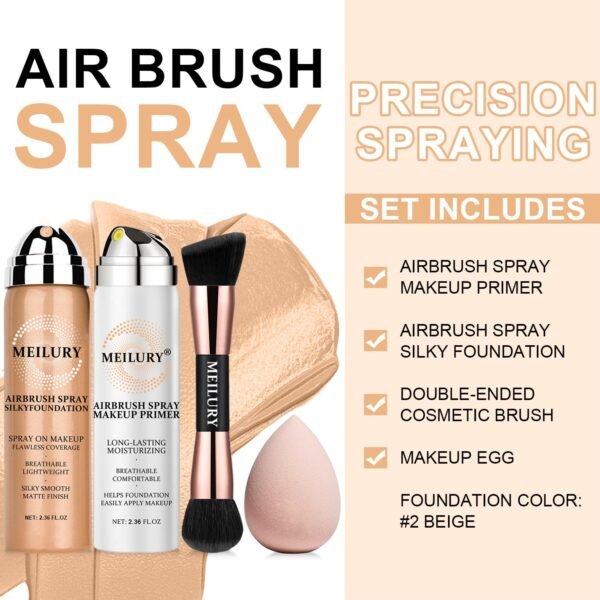 AirBrush Foundation Spray Set, Spray Foundation Makeup and Hydrating Face Air Primer Kit, Longwear Waterproof Liquid Matte Foundation Mist for Flawless Look (02 Beige) - Image 3