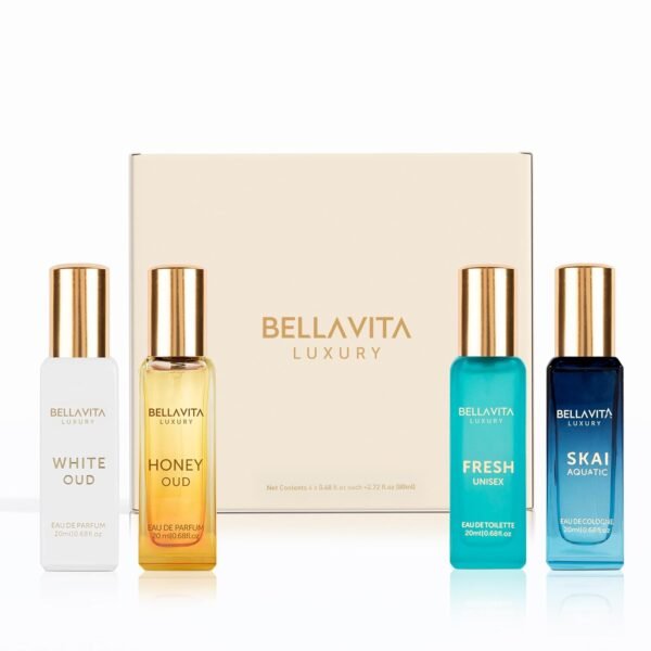 BellaVita Luxury Unisex Cologne Gift Set (4x20ml) | Fragrances Includes Honey OUD, SKAI, FRESH & White OUD | Travel Size Mini Perfumes & Spicy Vanilla Perfume Oil | Unisex Perfume for Women & Men - Image 3