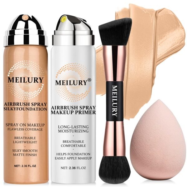 AirBrush Foundation Spray Set, Spray Foundation Makeup and Hydrating Face Air Primer Kit, Longwear Waterproof Liquid Matte Foundation Mist for Flawless Look (02 Beige) - Image 2